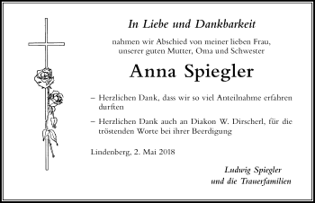 Traueranzeige von Anna Spiegler von Der Westallgäuer