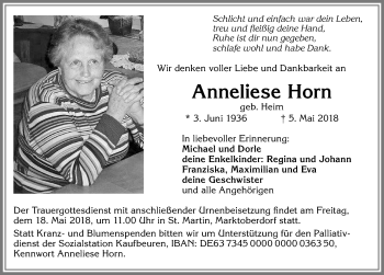 Traueranzeige von Anneliese Horn von Allgäuer Zeitung, Marktoberdorf