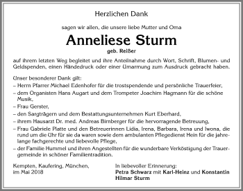 Traueranzeige von Anneliese Sturm von Allgäuer Zeitung,Kempten