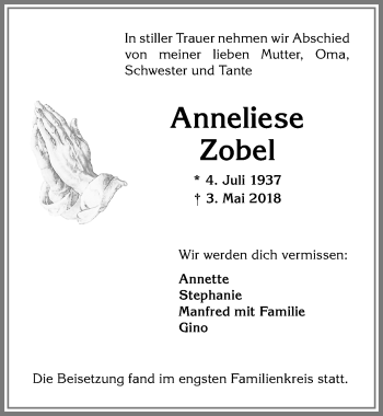 Traueranzeige von Anneliese Zobel von Allgäuer Anzeigeblatt