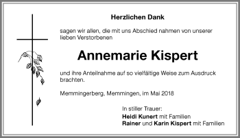 Traueranzeige von Annemarie Kispert von Memminger Zeitung