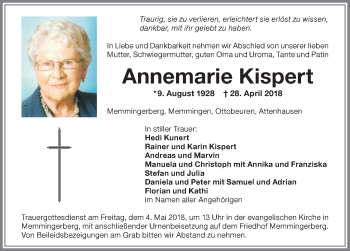 Traueranzeige von Annemarie Kispert von Memminger Zeitung