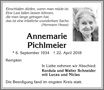 Traueranzeige von Annemarie Pichlmeier von Allgäuer Zeitung,Kempten