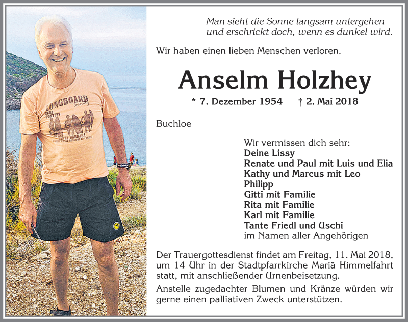  Traueranzeige für Anselm Holzhey vom 07.05.2018 aus Allgäuer Zeitung, Kaufbeuren/Buchloe