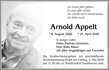 Traueranzeige von Arnold Appelt von Allgäuer Zeitung, Kaufbeuren/Buchloe