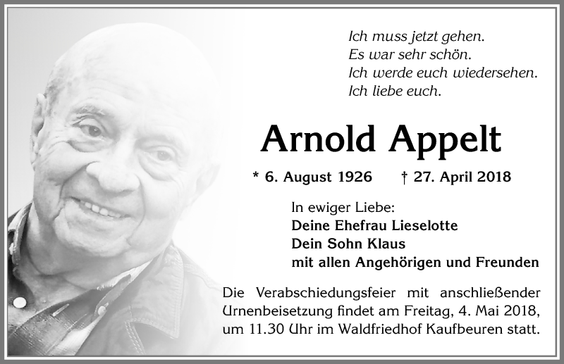  Traueranzeige für Arnold Appelt vom 03.05.2018 aus Allgäuer Zeitung, Kaufbeuren/Buchloe