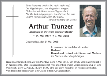 Traueranzeige von Arthur Trunzer von Allgäuer Anzeigeblatt