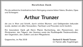 Traueranzeige von Arthur Trunzer von Allgäuer Anzeigeblatt