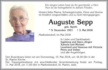 Traueranzeige von Auguste Sepp von Allgäuer Zeitung, Marktoberdorf
