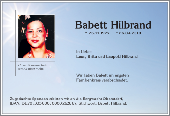 Traueranzeige von Babett Hilbrand von Allgäuer Anzeigeblatt