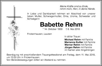 Traueranzeige von Babette Rehm von Memminger Zeitung