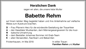 Traueranzeige von Babette Rehm von Memminger Zeitung