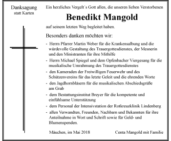 Traueranzeige von Benedikt Mangold von Der Westallgäuer