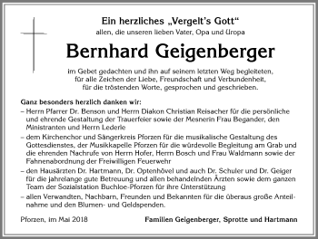 Traueranzeige von Bernhard Geigenberger von Allgäuer Zeitung, Kaufbeuren/Buchloe