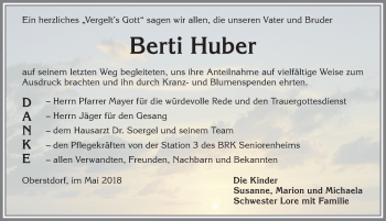 Traueranzeige von Berti Huber von Allgäuer Anzeigeblatt