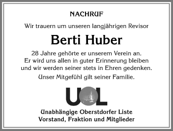 Traueranzeige von Berti Huber von Allgäuer Anzeigeblatt