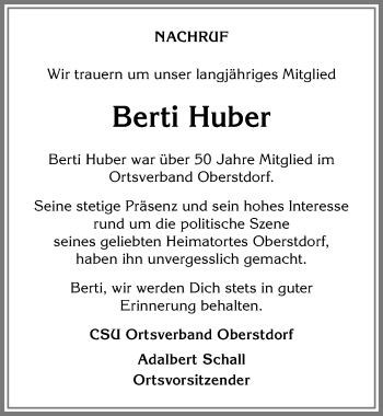 Traueranzeige von Berti Huber von Allgäuer Anzeigeblatt
