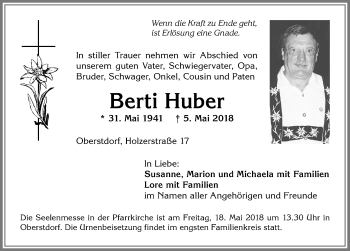 Traueranzeige von Berti Huber von Allgäuer Anzeigeblatt