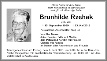 Traueranzeige von Brunhilde Rzehak von Allgäuer Zeitung, Kaufbeuren/Buchloe