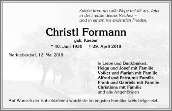 Traueranzeige von Christl Formann von Allgäuer Zeitung, Marktoberdorf