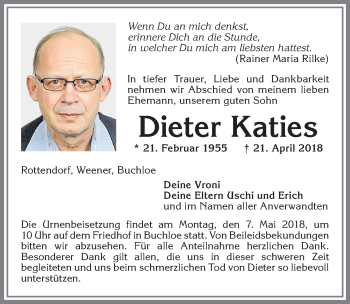 Traueranzeige von Dieter Katies von Allgäuer Zeitung, Kaufbeuren/Buchloe