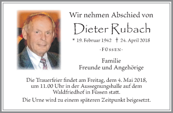 Traueranzeige von Dieter Rubach von Allgäuer Zeitung, Füssen