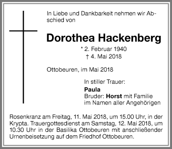 Traueranzeige von Dorothea Hackenberg von Memminger Zeitung