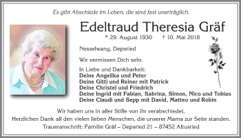 Traueranzeige von Edeltraud Theresia Gräf von Allgäuer Zeitung