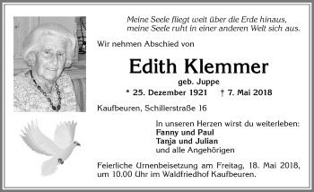 Traueranzeige von Edith Klemmer von Allgäuer Zeitung, Kaufbeuren/Buchloe