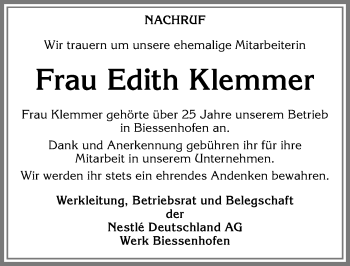 Traueranzeige von Edith Klemmer von Allgäuer Zeitung