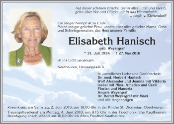 Traueranzeige von Elisabeth Hanisch von Allgäuer Zeitung, Kaufbeuren/Buchloe