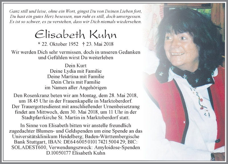  Traueranzeige für Elisabeth Kuhn vom 26.05.2018 aus Allgäuer Zeitung, Marktoberdorf