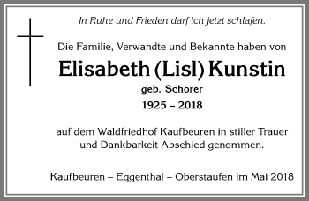 Traueranzeige von Elisabeth  Kunstin von Allgäuer Zeitung, Kaufbeuren/Buchloe