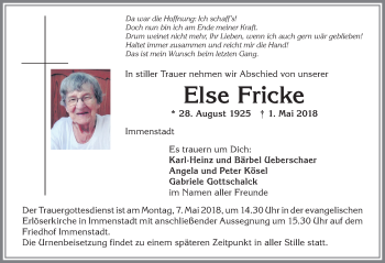 Traueranzeige von Else Fricke von Allgäuer Anzeigeblatt