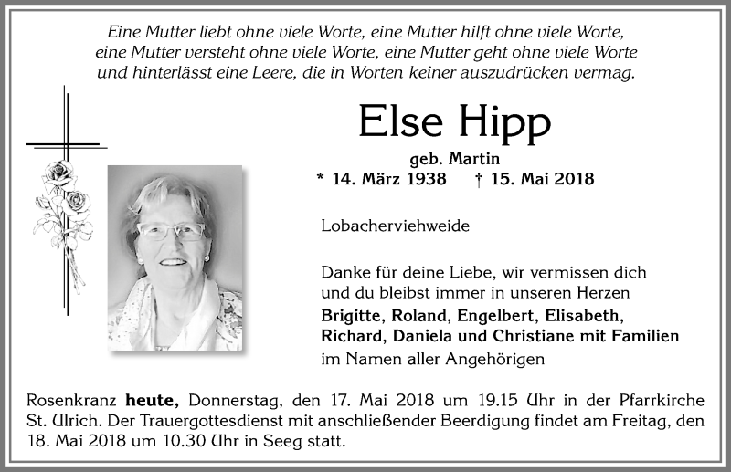  Traueranzeige für Else Hipp vom 17.05.2018 aus Allgäuer Zeitung, Füssen