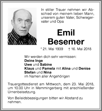 Traueranzeige von Emil Besemer von Memminger Zeitung