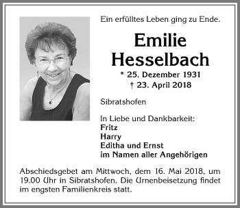 Traueranzeige von Emilie Hesselbach von Allgäuer Zeitung,Kempten