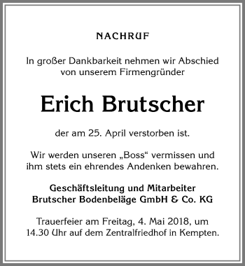 Traueranzeige von Erich Brutscher von Allgäuer Zeitung,Kempten