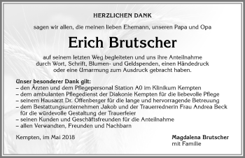 Traueranzeige von Erich Brutscher von Allgäuer Zeitung,Kempten