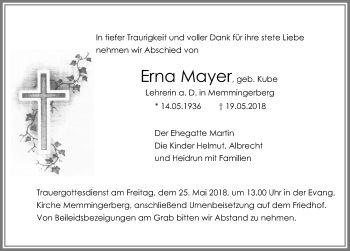Traueranzeige von Erna Mayer von Memminger Zeitung
