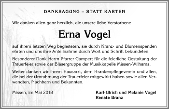 Traueranzeige von Erna Vogel von Allgäuer Anzeigeblatt