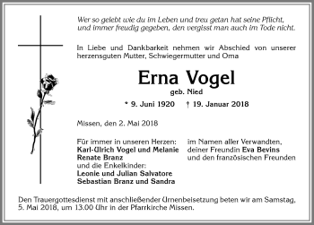 Traueranzeige von Erna Vogel von Allgäuer Anzeigeblatt
