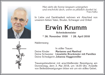 Traueranzeige von Erwin Krumm von Allgäuer Zeitung,Kempten