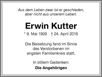 Traueranzeige von Erwin Kutter von Memminger Zeitung