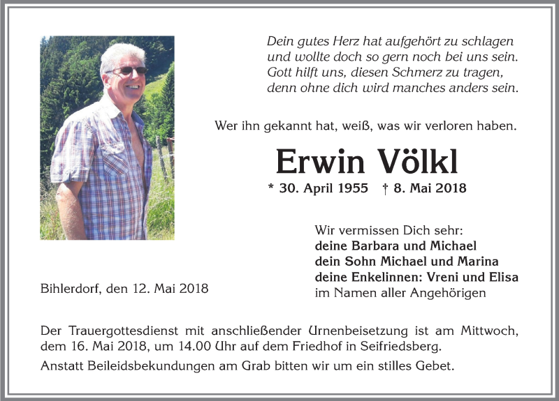  Traueranzeige für Erwin Völkl vom 12.05.2018 aus Allgäuer Anzeigeblatt
