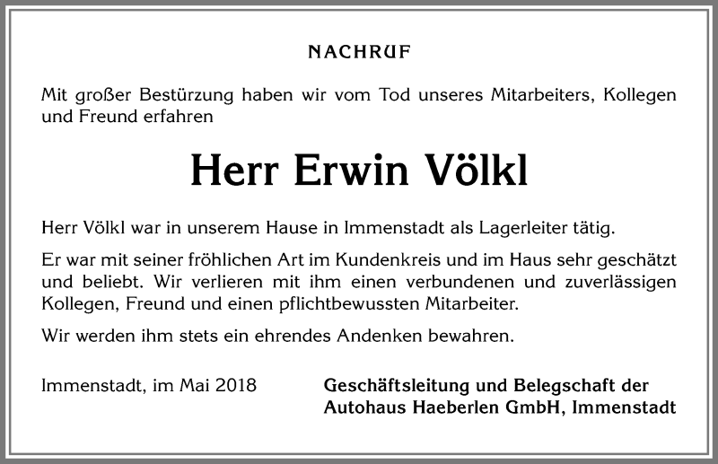  Traueranzeige für Erwin Völkl vom 16.05.2018 aus Allgäuer Anzeigeblatt