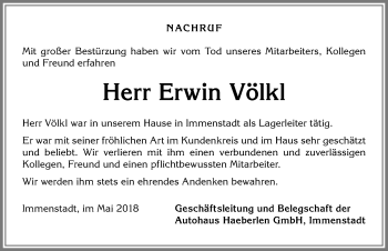 Traueranzeige von Erwin Völkl von Allgäuer Anzeigeblatt