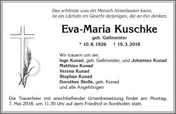 Traueranzeige von Eva-Maria Kuschke von Allgäuer Anzeigeblatt