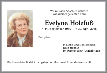 Traueranzeige von Evelyne Holzfuß von Allgäuer Zeitung,Kempten