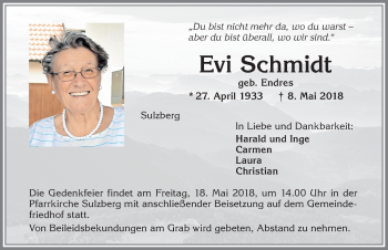 Traueranzeige von Evi Schmidt von Allgäuer Zeitung,Kempten